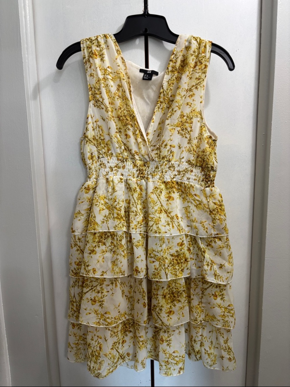 H&M Yellow Floral Tiered Midi Dress on Cream Base